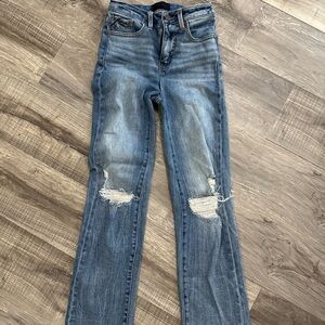 Buckle Black Blue Distressed Straight Leg Jeans